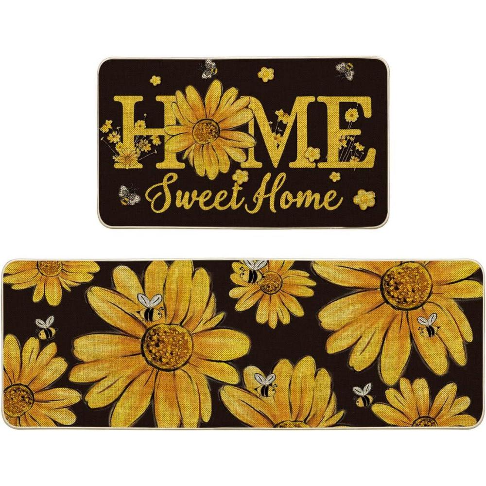 imageArtoid Mode Black Bee Sunflower Daisy Home Spring Kitchen Mats Set of 2 Summer Home Decor LowProfile Kitchen Rugs for Floor 17x29 and 17x47 InchBlack