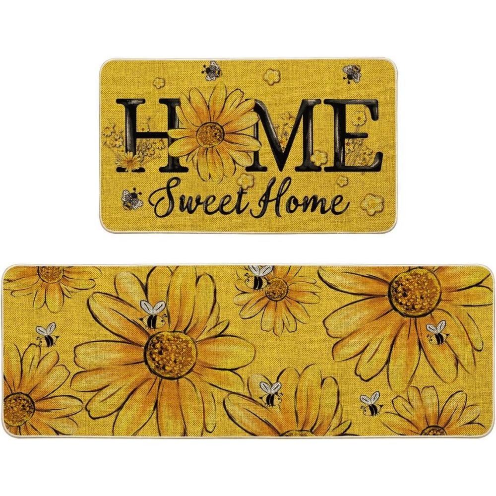 imageArtoid Mode Black Bee Sunflower Daisy Home Spring Kitchen Mats Set of 2 Summer Home Decor LowProfile Kitchen Rugs for Floor  17x29 and 17x47 InchYellow