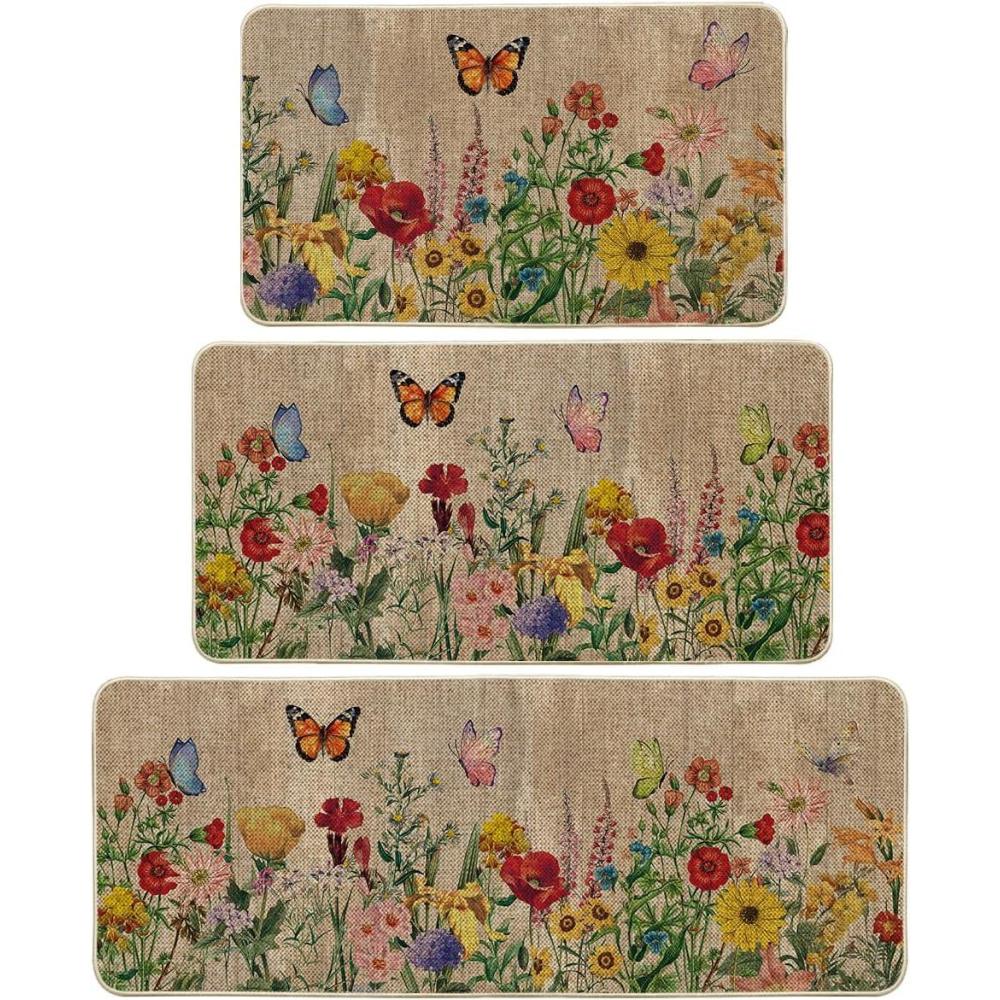 imageArtoid Mode Black Flowers Butterfly Spring Kitchen Mats Set of 2 Seasonal Home Decor Leaves LowProfile Kitchen Rugs for Floor  17x29 and 17x47 InchBrown