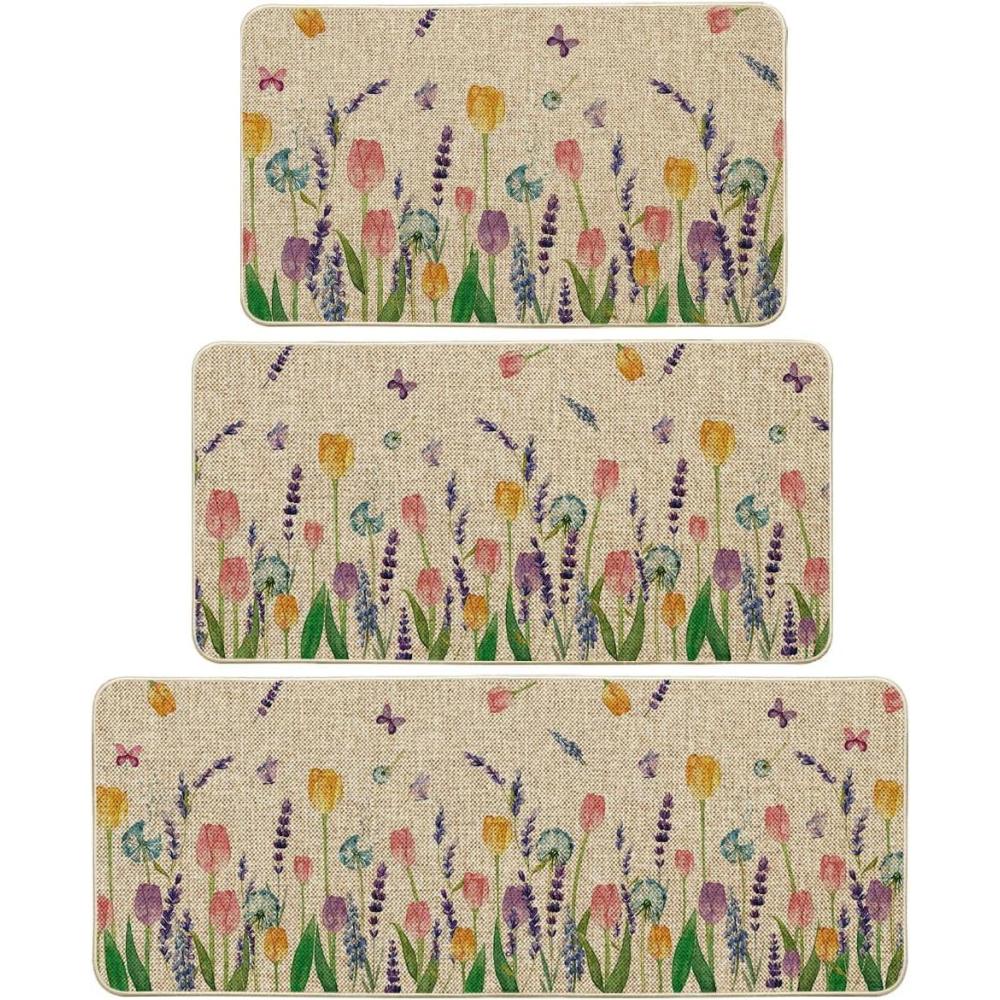 imageArtoid Mode Lavender Tulip Spring Kitchen Mats Set of 2 Seasonal Flower Summer Home Decor LowProfile Kitchen Rugs for Floor  17x29 and 17x47 InchBeige