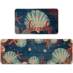 Artoid Mode Beach Sea Shell Starfish Coral Summer Kitchen Mats Set of 2, Ocean Seasonal Sports Home Decor Low-Profile Kitchen Rugs for Floor – 17×29 and 17×47 Inch