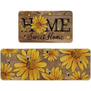 Artoid Mode Black Bee Sunflower Daisy Home Spring Kitchen Mats Set of 2, Summer Home Decor Low-Profile Kitchen Rugs for Floor – 17×29 and 17×47 Inch(Brown)
