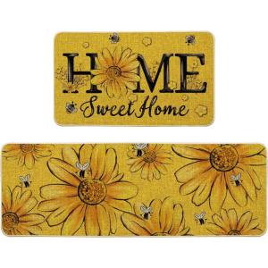 Artoid Mode Black Bee Sunflower Daisy Home Spring Kitchen Mats Set of 2, Summer Home Decor Low-Profile Kitchen Rugs for Floor – 17×29 and 17×47 Inch(Yellow)