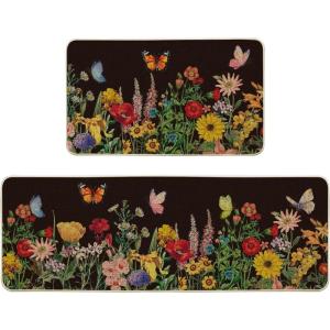 Artoid Mode Black Flowers Butterfly Spring Kitchen Mats Set of 2, Seasonal Home Decor Leaves Low-Profile Kitchen Rugs for Floor – 17×29 and 17×47 Inch(Black)