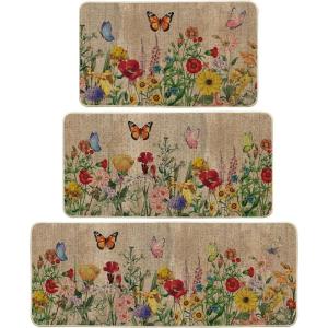 Artoid Mode Black Flowers Butterfly Spring Kitchen Mats Set of 2, Seasonal Home Decor Leaves Low-Profile Kitchen Rugs for Floor – 17×29 and 17×47 Inch(Brown)