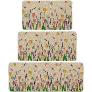 Artoid Mode Lavender Tulip Spring Kitchen Mats Set of 2, Seasonal Flower Summer Home Decor Low-Profile Kitchen Rugs for Floor – 17×29 and 17×47 Inch(Beige)