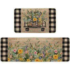 Artoid Mode Truck Flowers Spring Kitchen Mats Set of 2, Summer Home Decor Low-Profile Kitchen Rugs for Floor – 17×29 and 17×47 Inch