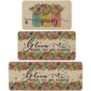 Artoid Mode Vases Flowers Hello Spring Kitchen Mats Set of 2, Home Decor Low-Profile Kitchen Rugs for Floor – 17×29 and 17×47 Inch(Beige)