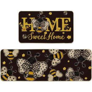 Artoid Mode Yellow Bee Home Sweet Home Spring Kitchen Mats Set of 2, Summer Home Decor Low-Profile Kitchen Rugs for Floor – 17×29 and 17×47 Inch(Black)