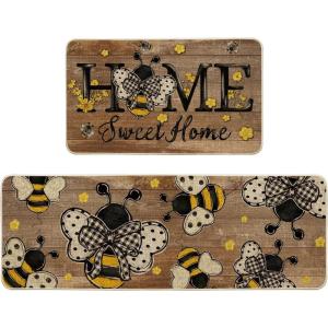 Artoid Mode Yellow Bee Home Sweet Home Spring Kitchen Mats Set of 2, Summer Home Decor Low-Profile Kitchen Rugs for Floor – 17×29 and 17×47 Inch(Brown)