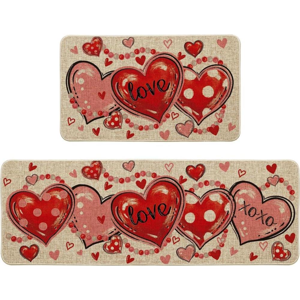 imageArtoid Mode Beads Love Heart Valentines Kitchen Mats Set of 2 Home Decor LowProfile Kitchen Rugs for Floor  17x29 and 17x47 Inch