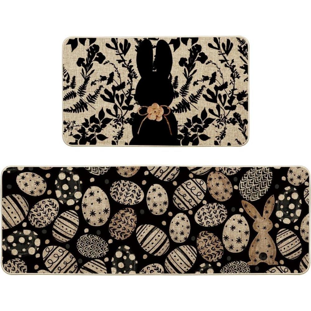 imageArtoid Mode Black Bunny Egg Leaves Easter Kitchen Mats Set of 2 Spring Home Decor LowProfile Kitchen Rugs for Floor  17x29 and 17x47 InchBlack