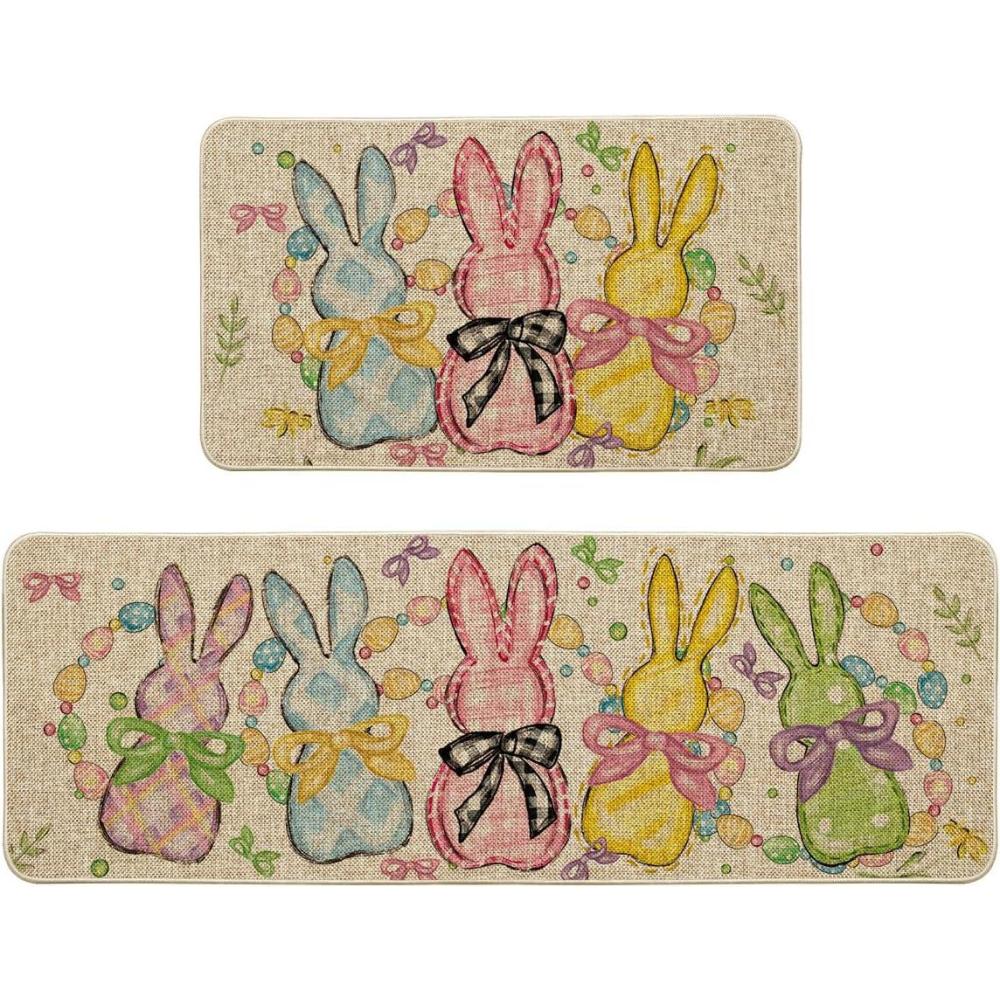 imageArtoid Mode Bow Tie Bunny Egg Beads Wood Easter Kitchen Mats Set of 2 Spring Home Decor LowProfile Kitchen Rugs for Floor  17x29 and 17x47 InchBeige