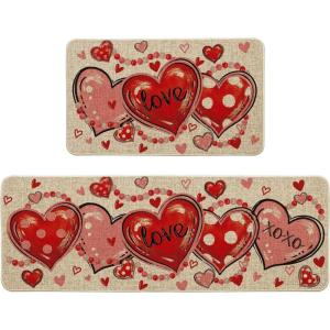 Artoid Mode Beads Love Heart Valentines Kitchen Mats Set of 2, Home Decor Low-Profile Kitchen Rugs for Floor – 17×29 and 17×47 Inch