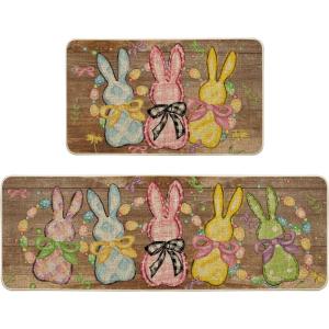 Artoid Mode Bow Tie Bunny Egg Beads Wood Easter Kitchen Mats Set of 2, Spring Home Decor Low-Profile Kitchen Rugs for Floor – 17×29 and 17×47 Inch(Brown)
