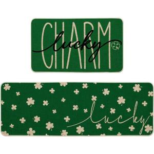 Artoid Mode Charm Lucky Shamrock St. Patrick’s Day Kitchen Mats Set of 2, Home Decor Low-Profile Kitchen Rugs for Floor – 17×29 and 17×47 Inch(Green)