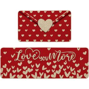 Artoid Mode Envelope Love You More Heart Kitchen Mats Set of 2, Home Decor Low-Profile Kitchen Rugs for Floor – 17×29 and 17×47 Inch
