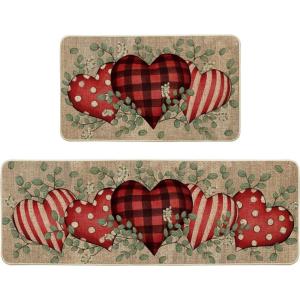 Artoid Mode Eucalyptus Love Heart Valentine’s Decorative Kitchen Mats Set of 2, Home Party Low-Profile Home Kitchen Rugs – 17×29 and 17×47 Inch(Brown)