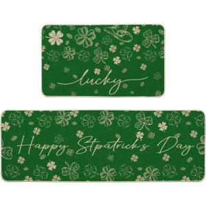 Artoid Mode Green Shamrock Clover St. Patrick’s Day Kitchen Mats Set of 2, Home Decor Low-Profile Kitchen Rugs for Floor – 17×29 and 17×47 Inch
