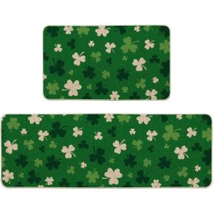 Artoid Mode Green Shamrock St. Patrick’s Day Kitchen Mats Set of 2, Home Decor Low-Profile Kitchen Rugs for Floor – 17×29 and 17×47 Inch(Green)
