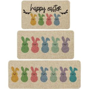 Artoid Mode Happy Easter Rabbits Decorative Kitchen Mats Set of 2, Home Seasonal Spring Easter Holiday Holiday Party Low-Profile Floor Mat – 17×29 and 17×47 Inch(Beige)