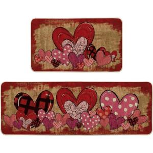 Artoid Mode Love Heart Buffalo Plaid Valentine’s Kitchen Mats Set of 2, Home Decor Low-Profile Kitchen Rugs for Floor – 17×29 and 17×47 Inch