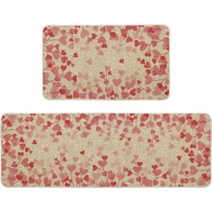 Artoid Mode Pink Love Heart Valentines Kitchen Mats Set of 2, Home Decor Low-Profile Kitchen Rugs for Floor – 17×29 and 17×47 Inch
