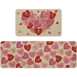 Artoid Mode Pink XOXO Love Heart Valentines Kitchen Mats Set of 2, Home Decor Low-Profile Kitchen Rugs for Floor – 17×29 and 17×47 Inch(Pink)