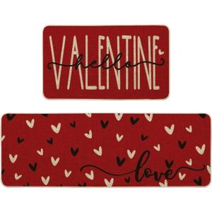 Artoid Mode Red Black Love Heart Hello Valentine’s Kitchen Mats Set of 2, Home Decor Low-Profile Kitchen Rugs for Floor – 17×29 and 17×47 Inch(Red / Black)