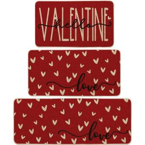 Artoid Mode Red Black Love Heart Hello Valentine’s Kitchen Mats Set of 2, Home Decor Low-Profile Kitchen Rugs for Floor – 17×29 and 17×47 Inch(Red)