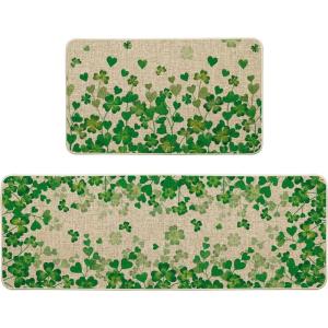 Artoid Mode Shamrock Clover St. Patrick’s Day Kitchen Mats Set of 2, Home Decor Low-Profile Kitchen Rugs for Floor – 17×29 and 17×47 Inch