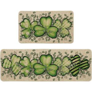 Artoid Mode Shamrock Eucalyptus St. Patrick’s Day Kitchen Mats Set of 2, Home Decor Low-Profile Kitchen Rugs for Floor – 17×29 and 17×47 Inch(Beige)