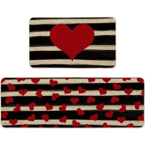 Artoid Mode Watercolor Stripes Love Heart Kitchen Mats Set of 2, Seasonal Valentine’s Anniversary Wedding HoliLow-Profile Floor Mat for Home Kitchen – 17×29 and 17×47 Inch