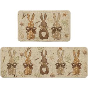 Artoid Mode Wood Carrots Rabbit Bunny Easter Kitchen Mats Set of 2, Spring Home Decor Low-Profile Kitchen Rugs for Floor – 17×29 and 17×47 Inch(Wood)