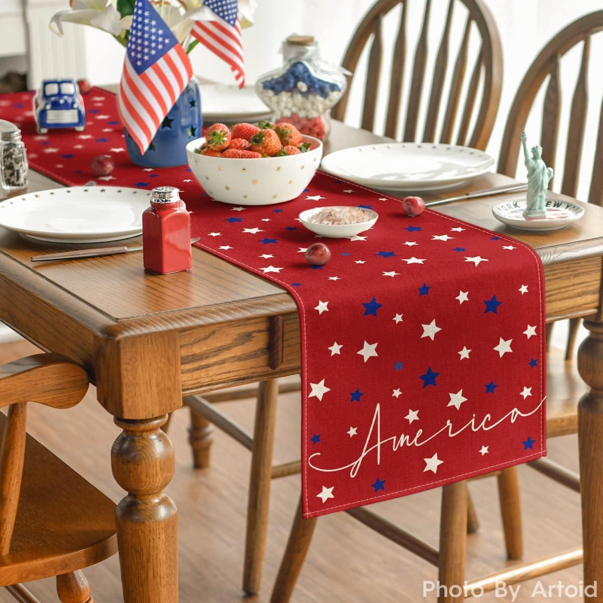 imageArtoid Mode Red Stars America Patriotic Memorial Day 4th of July Table Runner Independence Day Holiday Kitchen Dining Table Decor for Home Party Decoration 13 x 72 InchRed