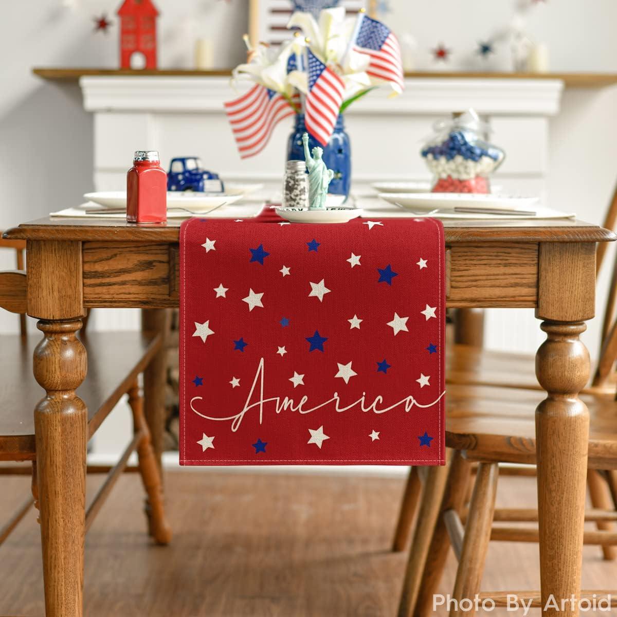 imageArtoid Mode Red Stars America Patriotic Memorial Day 4th of July Table Runner Independence Day Holiday Kitchen Dining Table Decor for Home Party Decoration 13 x 72 InchRed