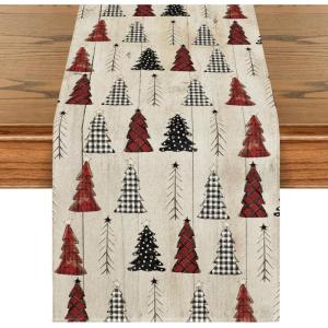 Artoid Mode Xmas Tree Christmas Table Runner, Seasonal Winter Kitchen Dining Table Decoration for Home Party Decor 13×72 Inch(Wood)