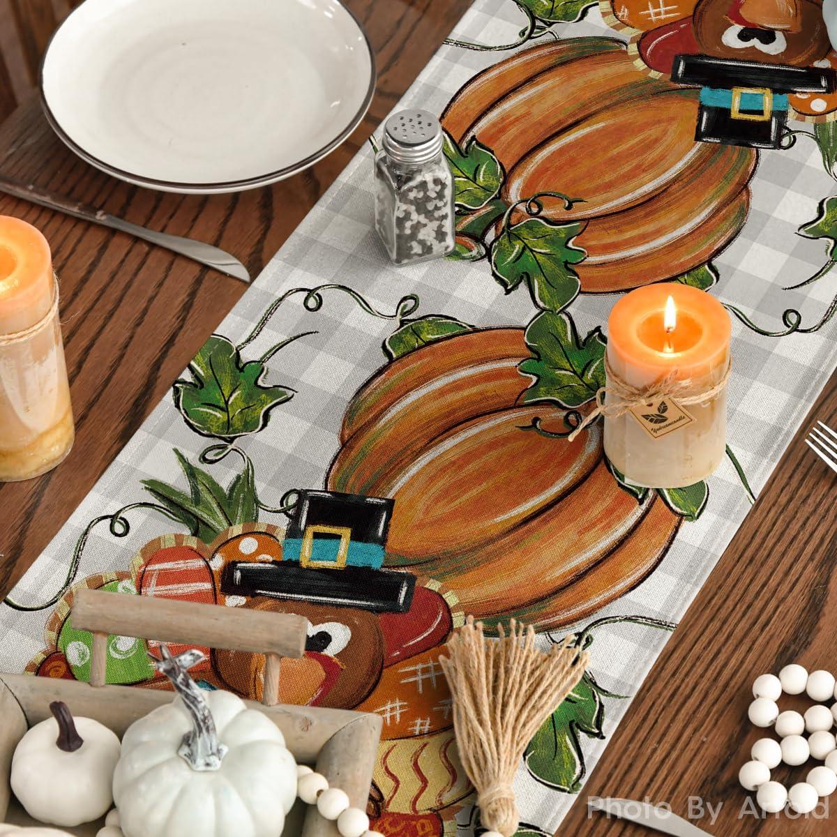 imageArtoid Mode Buffalo Plaid Pumpkin Turkey Thanksgiving Table Runner Seasonal Fall Harvest Kitchen Dining Table Decoration for Home Party Decor 13 x 72 Inch