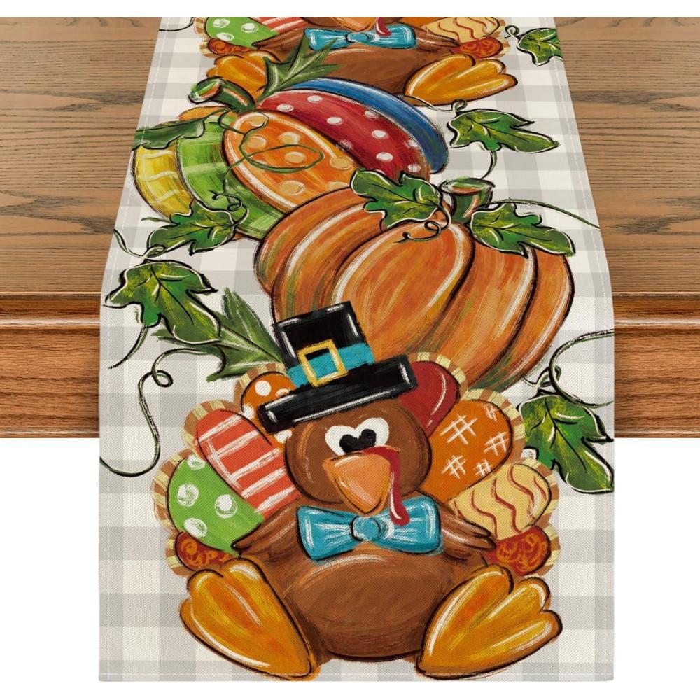 imageArtoid Mode Buffalo Plaid Pumpkin Turkey Thanksgiving Table Runner Seasonal Fall Harvest Kitchen Dining Table Decoration for Home Party Decor 13 x 72 Inch