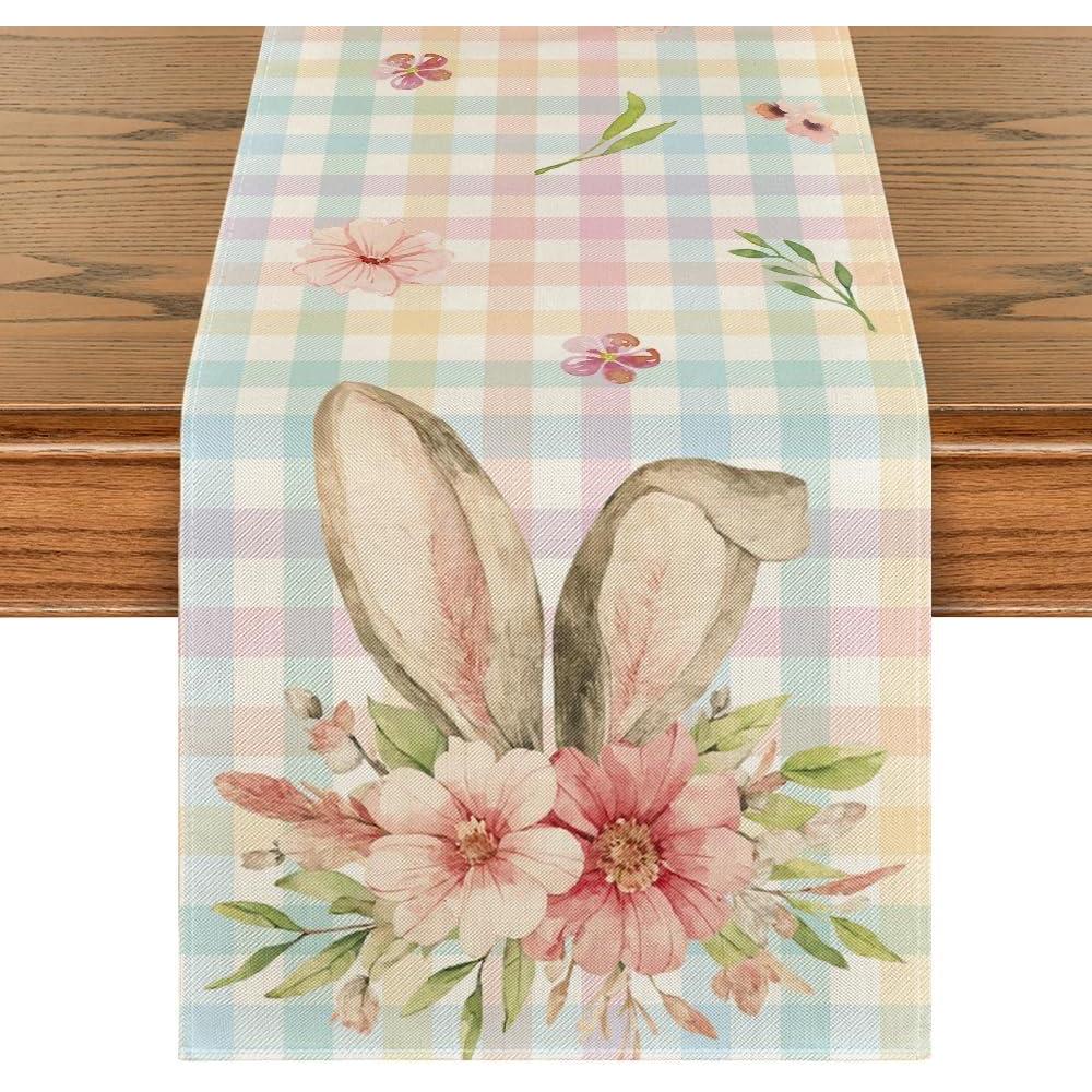 imageArtoid Mode Colourful Buffalo Plaid Bunny Ears Flower Easter Table Runner Spring Seasonal Holiday Kitchen Dining Table Decoration for Home Party Decor 13 x 72 InchBlue Yellow