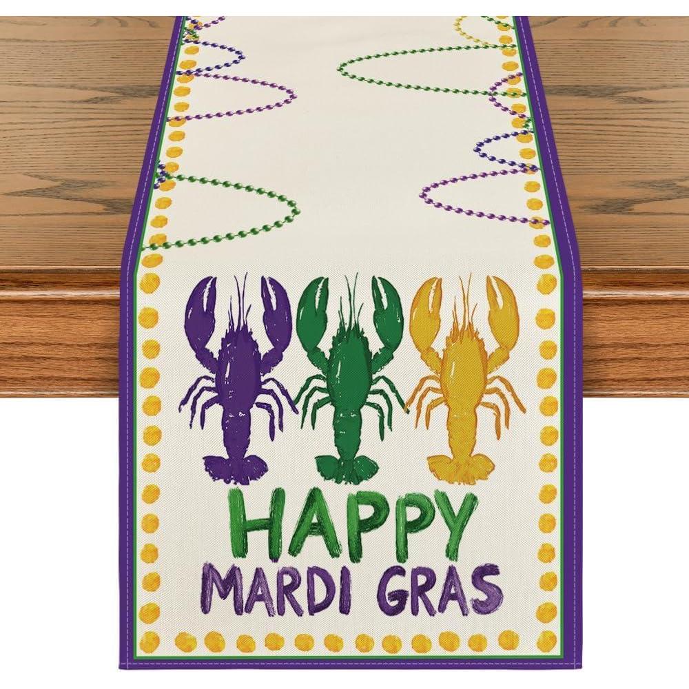 imageArtoid Mode Prawns Stripes Happy Mardi Gras Table Runner Seasonal Carnival Holiday Kitchen Dining Table Decoration for Indoor Outdoor Home Party Decor 13x72 InchPurple