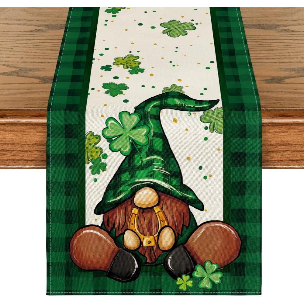 imageArtoid Mode Shamrock Buffalo Plaid Gnomes Lucky St Patricks Day Table Runner Kitchen Dining Table Decor for Outdoor Home Party Decor 13 x 72 InchBlackGreen