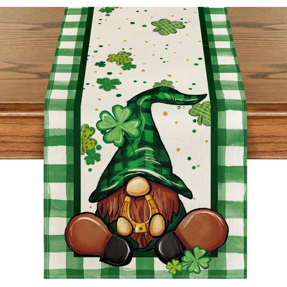 imageArtoid Mode Shamrock Buffalo Plaid Gnomes Lucky St Patricks Day Table Runner Kitchen Dining Table Decor for Outdoor Home Party Decor 13 x 72 InchWhiteGreen