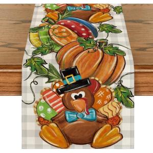 Artoid Mode Buffalo Plaid Pumpkin Turkey Thanksgiving Table Runner, Seasonal Fall Harvest Kitchen Dining Table Decoration for Home Party Decor 13 x 72 Inch
