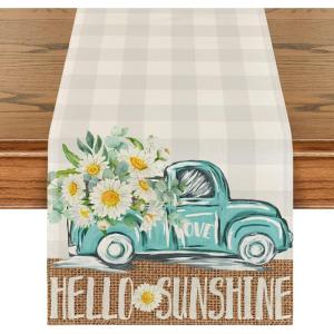 Artoid Mode Buffalo Plaid Truck Hello Sunshine Daisy Summer Table Runner, Spring Kitchen Dining Table Decoration for Home Party Decor 13×72 Inch(Grey)