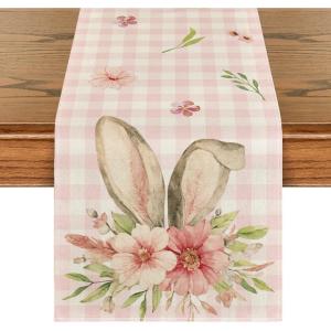 Artoid Mode Colourful Buffalo Plaid Bunny Ears Flower Easter Table Runner, Spring Seasonal Holiday Kitchen Dining Table Decoration for Home Party Decor 13 x 72 Inch(Pink/White)