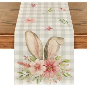 Artoid Mode Colourful Buffalo Plaid Bunny Ears Flower Easter Table Runner, Spring Seasonal Holiday Kitchen Dining Table Decoration for Home Party Decor 13 x 72 Inch(Beige)