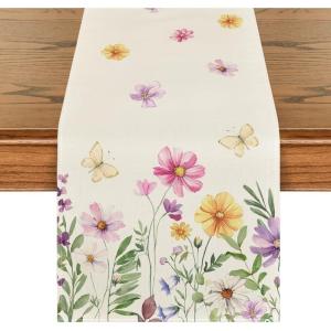 Artoid Mode Flowers Butterfly Spring Table Runner, Seasonal Summer Kitchen Dining Table Decoration for Home Party Decor 13×72 Inch(Beige)