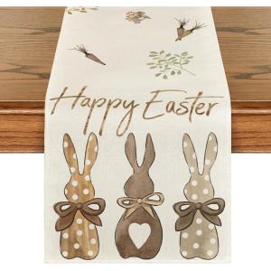 Artoid Mode Green Blue Pink Rabbit Bunny Happy Easter Table Runner, Spring Seasonal Holiday Kitchen Dining Table Decoration for Home Party Decor 13 x 72 Inch(Beige)