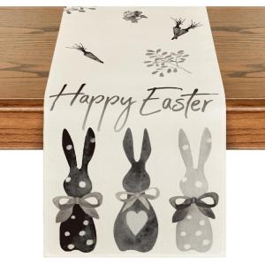 Artoid Mode Green Blue Pink Rabbit Bunny Happy Easter Table Runner, Spring Seasonal Holiday Kitchen Dining Table Decoration for Home Party Decor 13 x 72 Inch(Black/Grey/White)